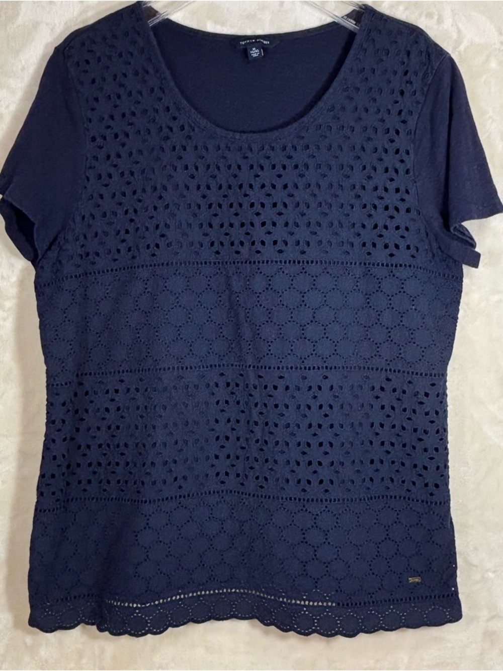 Tommy Hilfiger 100% Cotton Navy Short-Sleeve Eyelet Knit Top Size XL